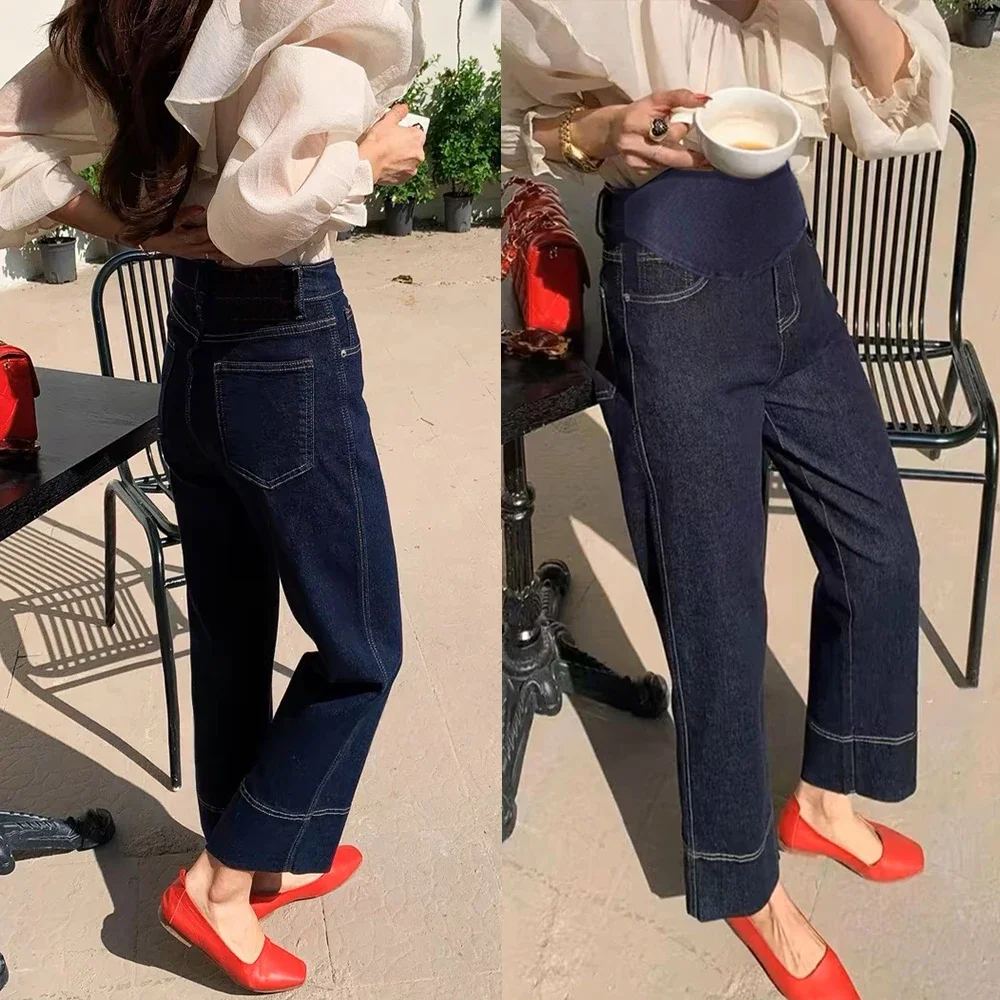 Vintage Stretch Light Denim Maternity Jeans Spring Summer Wide Leg Straight Cropped Pants for Pregnant Women Pregnancy Youth maternity jeans