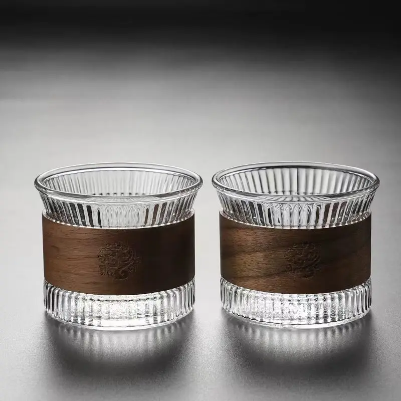 170Ml Japanese Style Glass Water Cup with Walnut Cup Sleeve Coffee Milk Tea Cup Simple Striped Beer Mug Drinkware Coffeeware