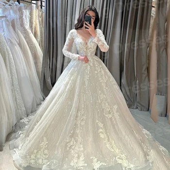 Glitter A Line Women's Wedding Dresses V Neck Lace Appliques Ball Vestido De Novia Bride Gowns Customized Long Sleeve Vestido