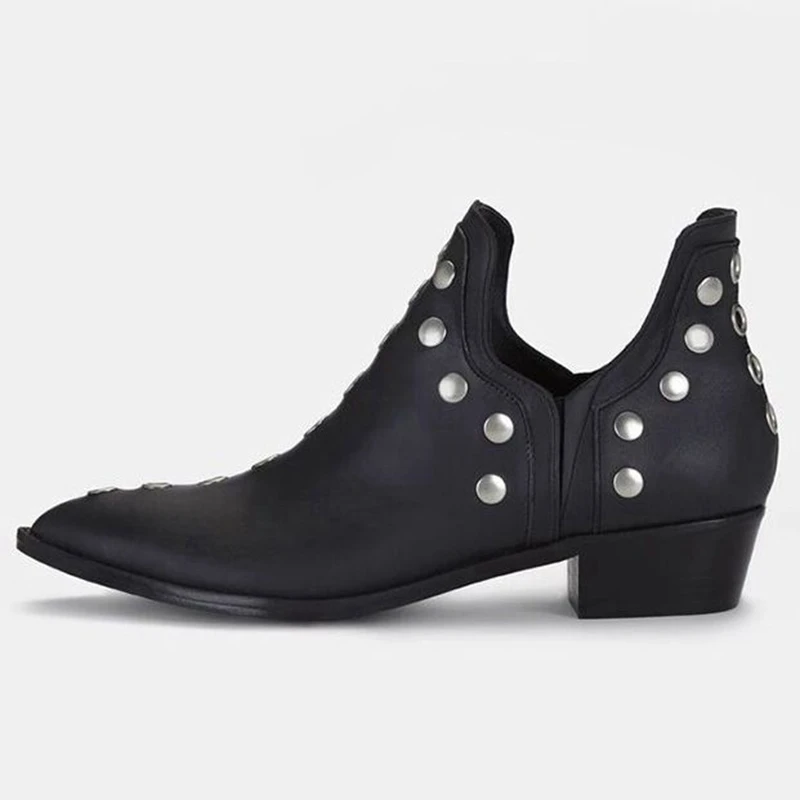REAVE CAT Office-Lady Ankle Boots Pointed Toe Chunky Heels Rivets