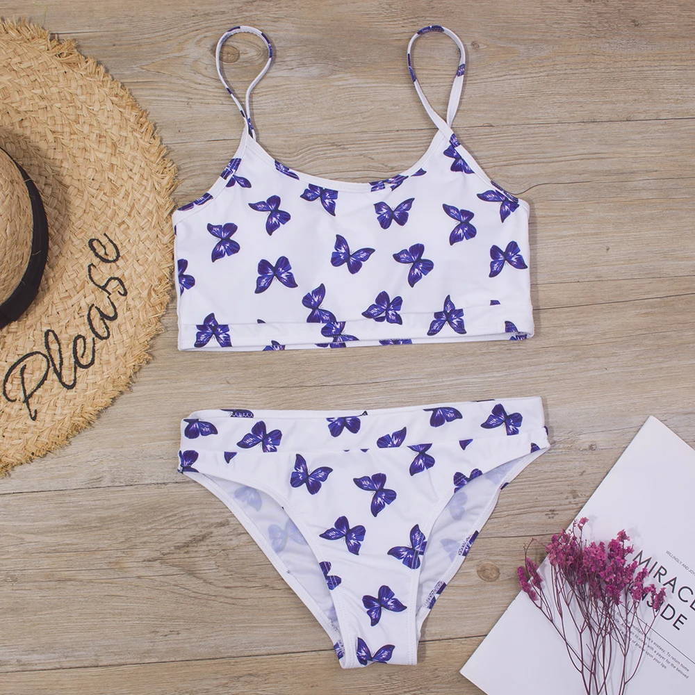 Girls Swimsuit 3-14Y Falbala Two Pieces Bikini Set Biquini Bandage Floral Print Children Beach Bathing Suit