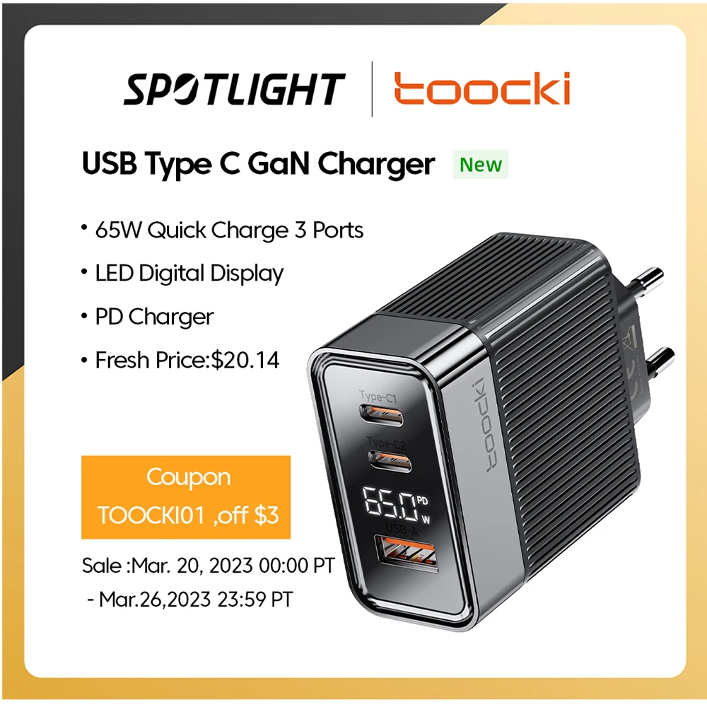  Toocki 65W GaN USB Charger Digital Display PD Fast Charger For iPhone 14 Type C Quick Charger For Xiaomi Samsung Phone Chargers 