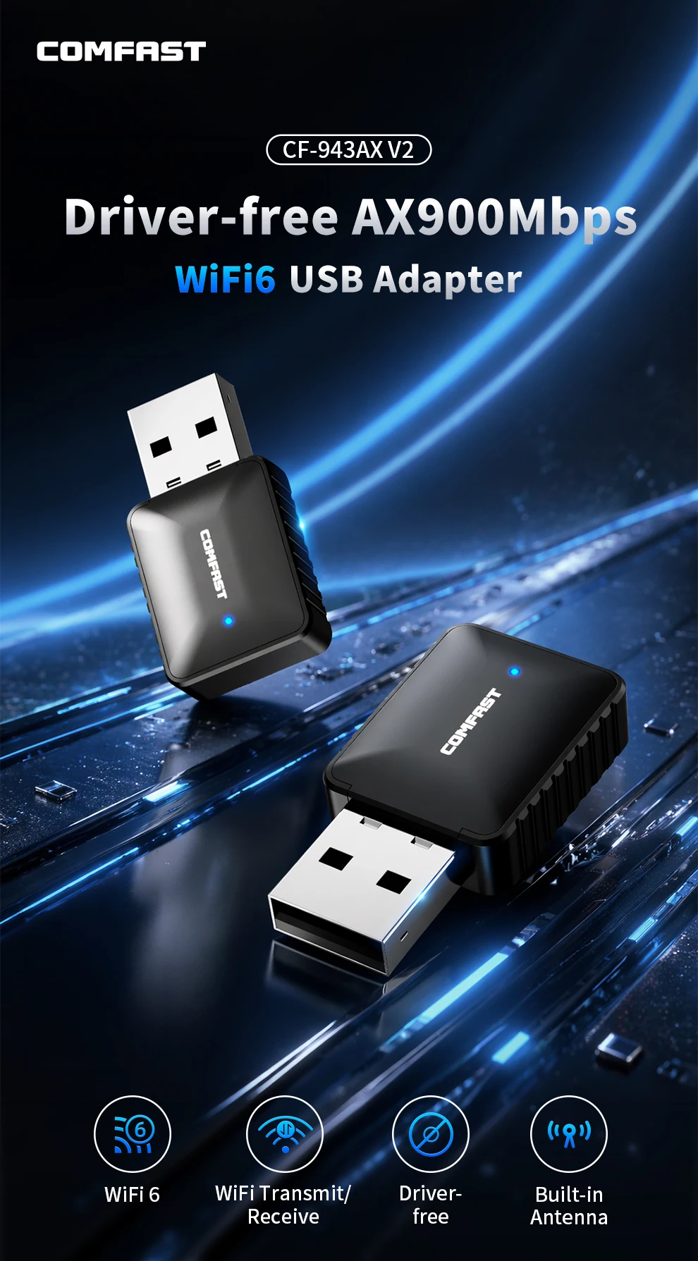Comfast WiFi6 AX900 WiFi USB 어댑터 무선 네트워크 카드 2.4G 및 5GHz WiFi 안테나 신호 프리 드라이브 PC/노트북 Win10/11/Linux용