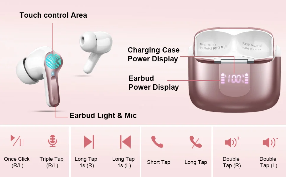 Wireless Earbuds, Bluetooth 5.3 Headphones Sports Headphones In Ear with 4 ENC Noise Cancelling Mic, 40H Playback , LED Display.