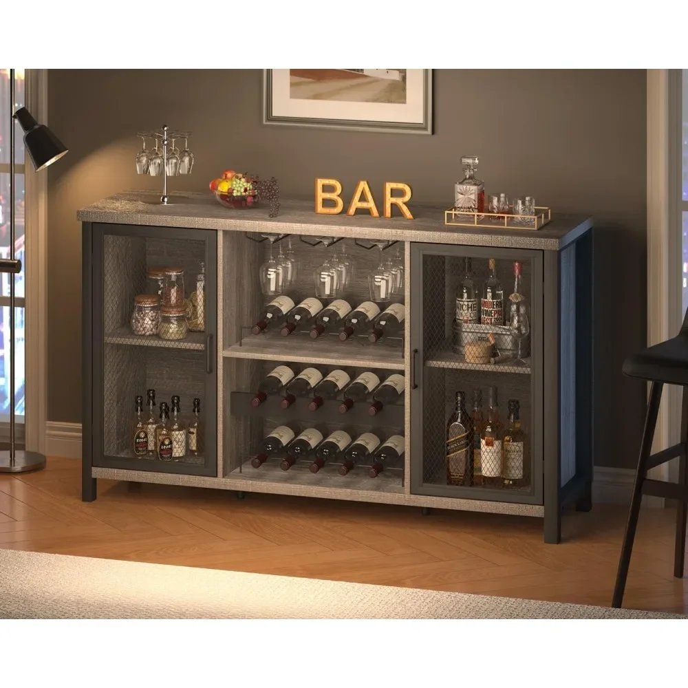 Rustic Liquor Bar Cabinet, Industrial Coffee Wine Cabinet for Liquor and Glasses, Farmhouse Bar for Home Kitchen Living Dining