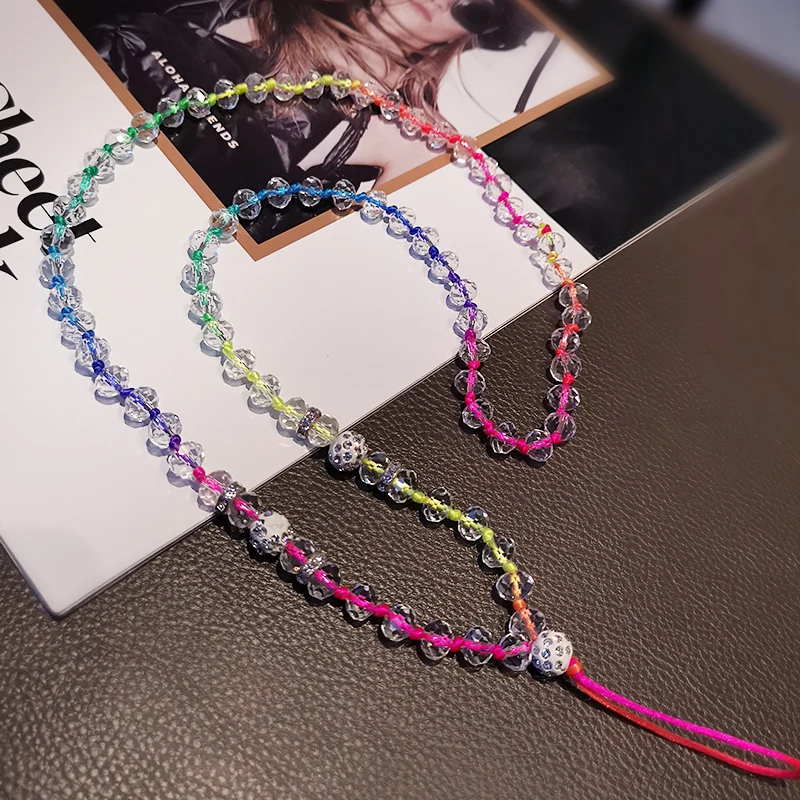Long Crystal Beads Hanging Neck Chain Hand-woven Beaded Womens Colorful Rope Phone Case Anti-lost Lanyard Mobile Pho