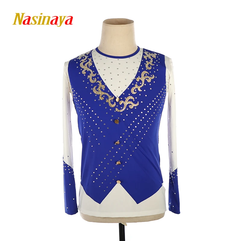 

Nasinaya Boys' Rhythmic Gymnastics Men's Figure Skating Performance Costume Competition Blue Round Neck Shirt Top Golden