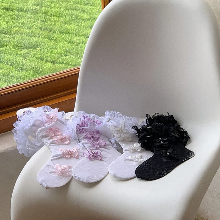Cute Sexy Lolita Stockings Ankle Ring Butterfly White Lace Pattern Pantyhose Japanese Sweet Socks Girls Stockings For Women Girl