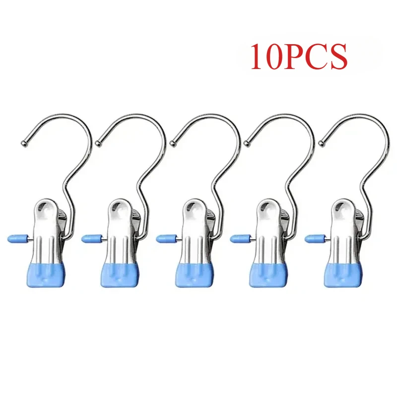 10 PC Multifunctional Clip Stainless Steel Clothespins Laundry Clothes Pegs with Hook Portable Hanging Wardrobe Organizer Hanger