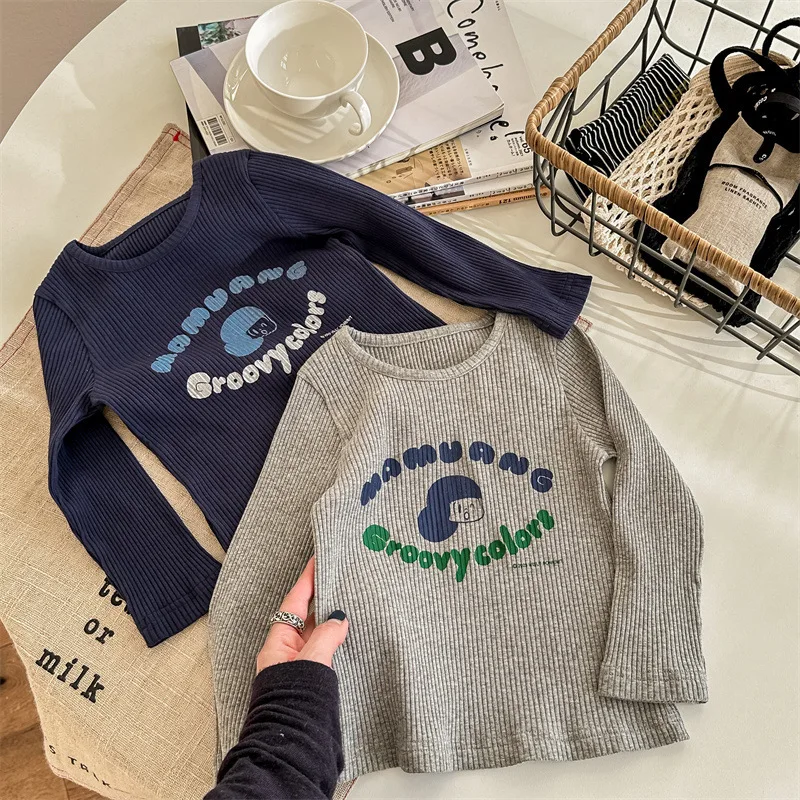 

Детская одежда 2024, Весенняя Детская рубашка в полоску, облегающая эластичная футболка с длинным рукавом и принтом букв для девочек, Топ