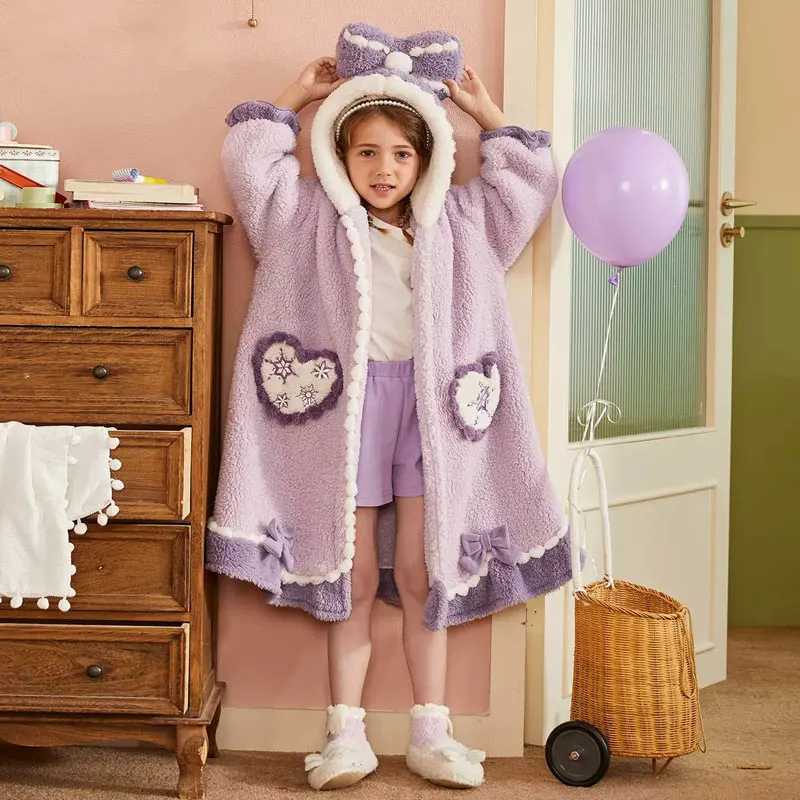 Girls Flannel Pajamas Autumn Winter Robes for Kids Thick Fleece Nightgowns for Children Teenager Bath Towel Kids Clothes