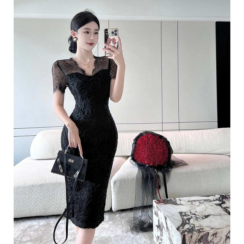 

Black Embroidered Lace Slim Hip Birthday Party Dress 2023 fashion women's Clothing