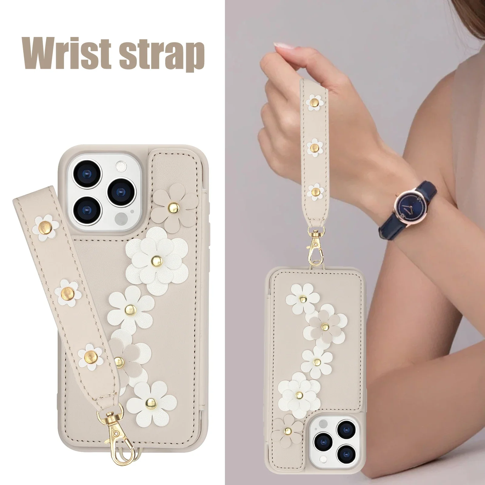Crossbody Wrist Strap Flower Phone Case for IPhone 16 15 14 13 12 11 Plus Pro Max XS XR X 7 8 Wallet with Card Holder Shell Cover_voghion.com