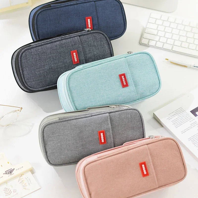 Adorable Double Layer Macaron Canvas Pencil Case for Girls - Large Capacity Kawaii Stationery Pouch