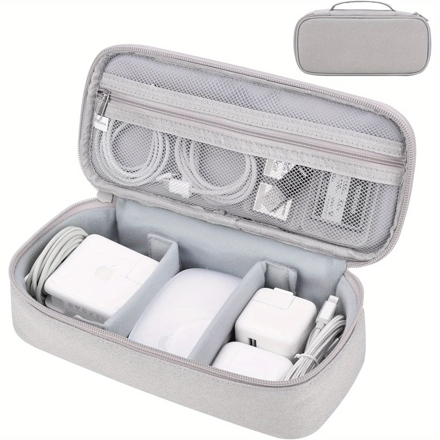 Electronics Travel Organizer Bag with Cable Management Compartments - Light Gray Tech Case with Zippered Pocket