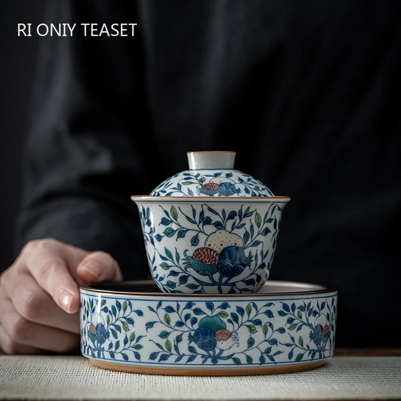 Chinese Blue and White Ceramic Gaiwan Pot Bearing Handmade Tea Bowl Teacup Beauty Tea Infuser Portable Household Teaware