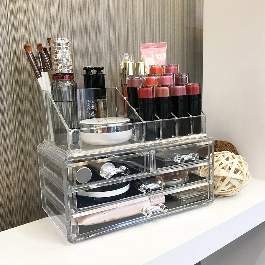 Clear Acrylic 2-Tier Makeup Organizer with Drawer for Vanity and Bathroom Counter Storage