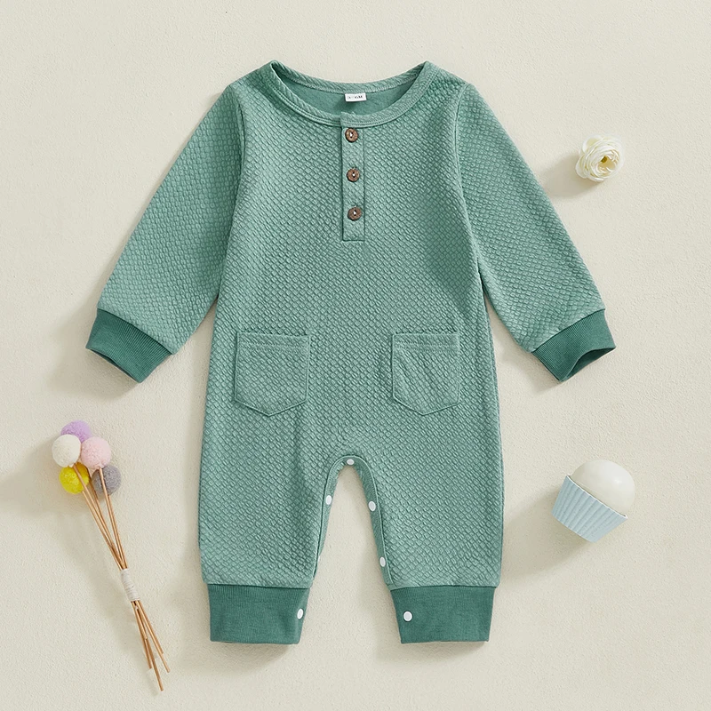-11-28 Lioraitiin 0-18M Toddler Baby Girls Boys Rompers Solid Color Buttons O-Neck Long Sleeve Spring Jumpsuits