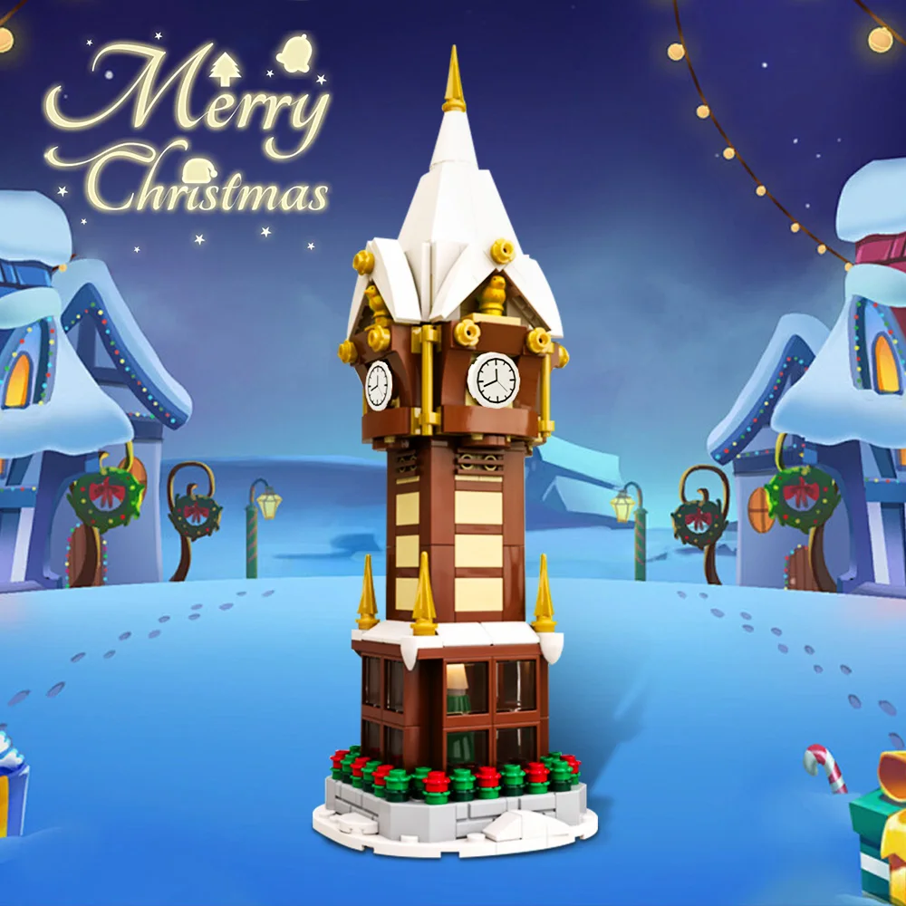 MOC Christmas Street Clock Building Blocks City Miniature View Winter Village Advent Calendar Bell Tower Architecture Toy Gift