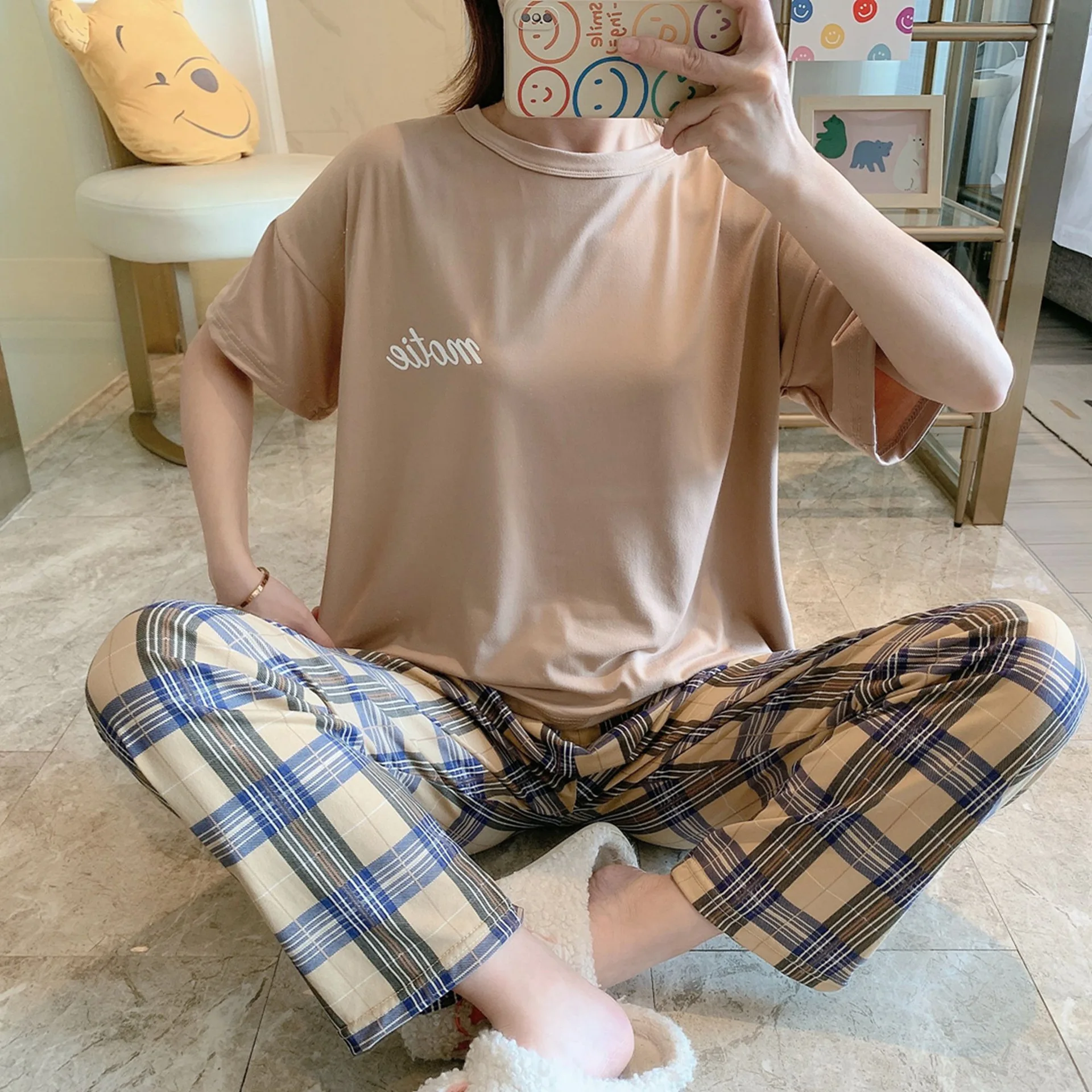 New Women's Two-Piece Maternity Pyjamas Homewear Monthly Clothing Nursing Clothes Female Summer Loose Leisure Homewear 2