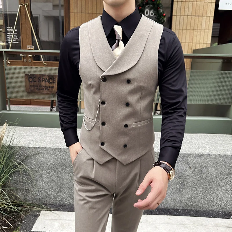 High Quality Autumn Double Breasted Suit Vest Men Business Formal Sleeveless Vest Slim Fit Wedding Groom Banquet Party Waistcoat 4