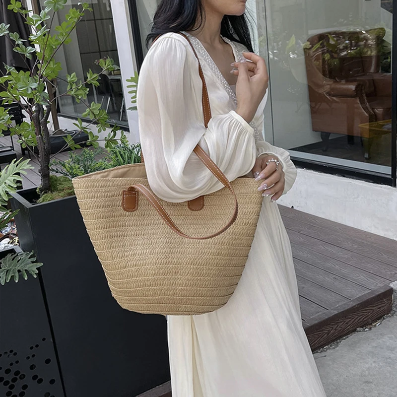 Women Braided Basket Clutches Top-handle Bag Large Straw Portable Shoulder Bag Summer Beach Party Purses Shopper Satchel Female