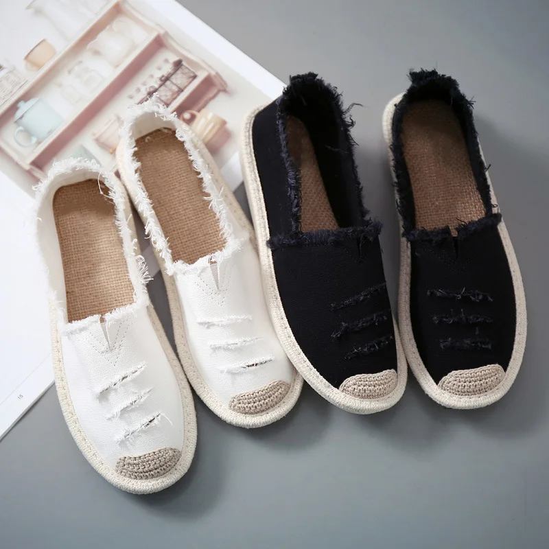 

2023women's flat-bottomed slip-on canvas spring and summer ripped loafers espadrilles casual comfortable loafers women's fashion