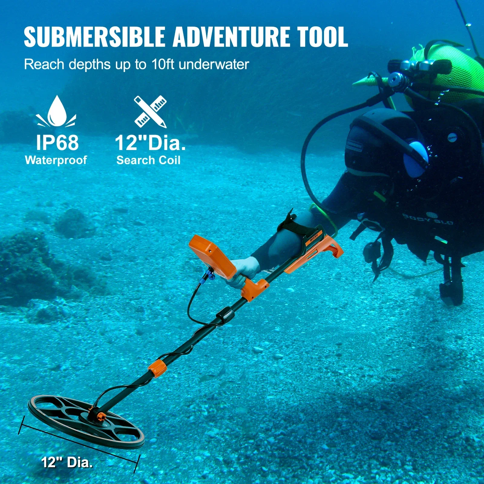 VEVOR Professional Rechargeable Metal Detector 12" IP68 Waterproof Coil 39-50 in Adjustable with LCD 7Modes for Treasure Hunting 3