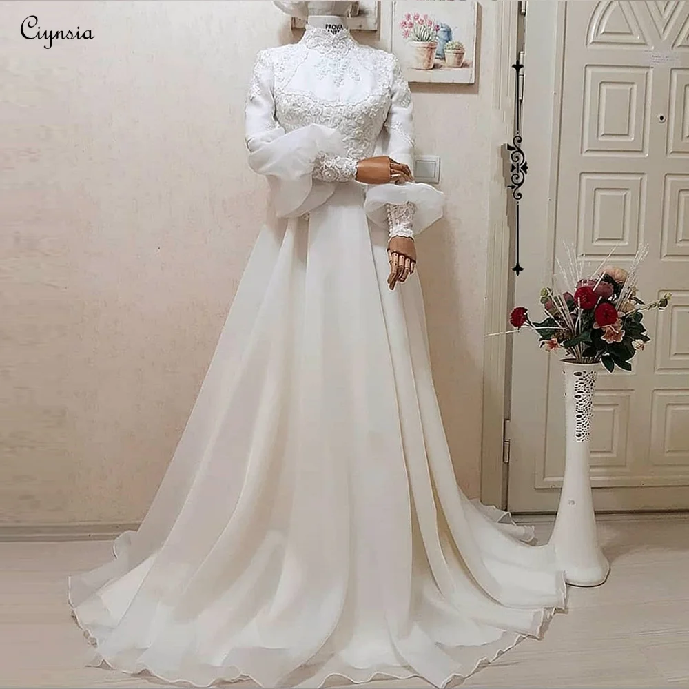 

Ciynsia Elegant A-Line Muslim Wedding Gown for Bride 2024 Organza Appliques Lace Arabic Dubai Full Sleeves Bridal Dresses