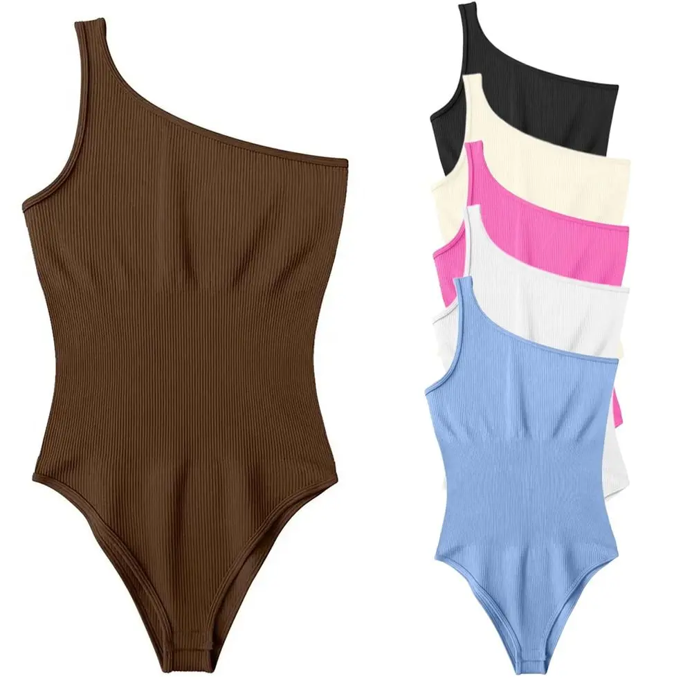

One Shoulder Fitness Bodysuits Hip Lifting Sleeveless Women's Jumpsuits Seamless Scoop Neck Slim Fit Shapewear Exercise