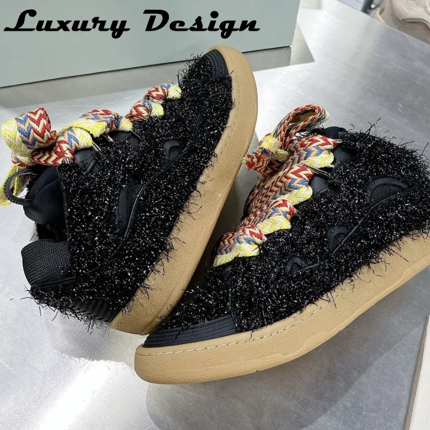 New Designer Brand Sneakers Platform Flat Shoes Women Sneakers Lace Up Round Toe Men High Quality Thick Laces Skateboard Shoes 4