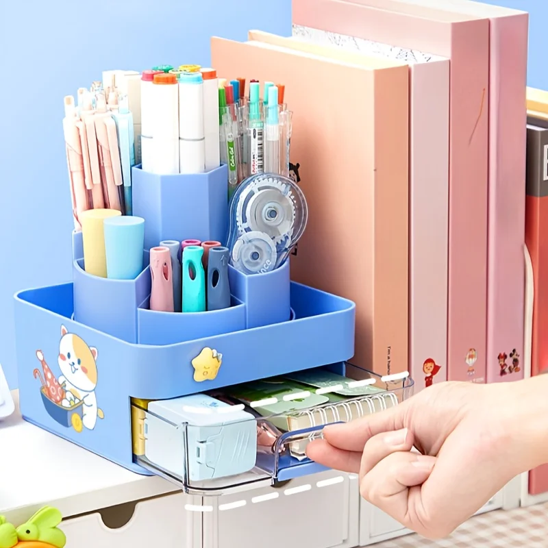 

Rotating Pen Holder With Drawer, Desktop Pencil Storage Box For Students, 6.3x6.3x6.3, School & Office Supplies