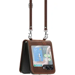 Lanyard Card Slot Leather Wallet Case with Crossbody Strap and Pocket Cover for Galaxy Z Flip 3 5G (Brown)