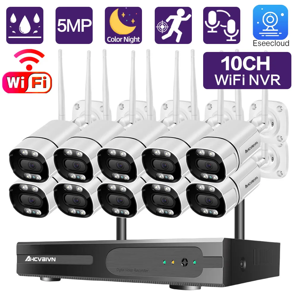 

10 каналов 5 Мп цилиндрическая Wi-Fi камера комплект двухстороннее аудио Обнаружение человека Наружные камеры безопасности 10CH NVR система видеонаблюдения