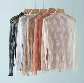 Sexy Women Mesh T-Shirts Transparent Lace Blouse Long Sleeve See Through Tops For Women O Neck Sheer Tees Body Crop Top 1