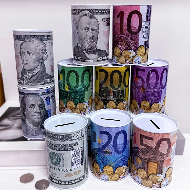 Description Picture 2 of itemCreative Tinplate Cylinder Piggy Bank Euro Dollar Picture Box Household Saving Money Box Home Decoration Money Boxes