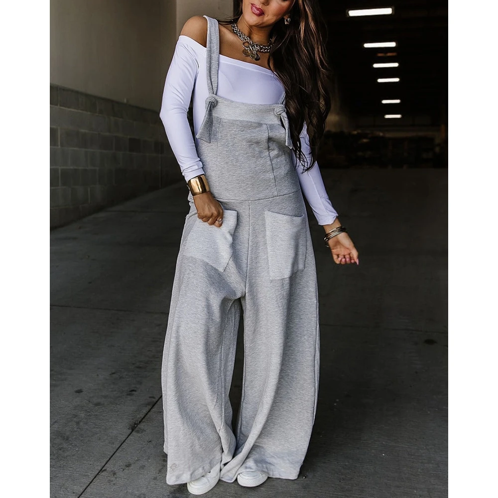 2024 Sexy Women Contrast Paneled Pocket Design Wide Leg Suspender Jumpsuts Robe Femme Cross Pants Casual Overalls Clothing