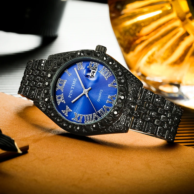 Topmærke PINTIME Starry Sky Star Dust Diamond Watch Quartz Gold Hip Hop Bling Iced Out ure Herre_voghion.com