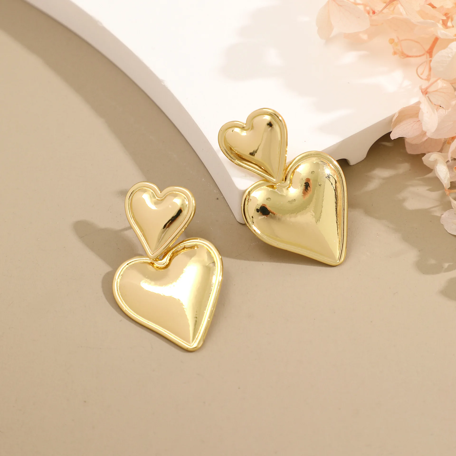 Women Earrings New Fashion Double Heart Earrings Luxury Trendy Gold Color Smooth Metal Love Drop Earring 2023 Jewelry Party Gift