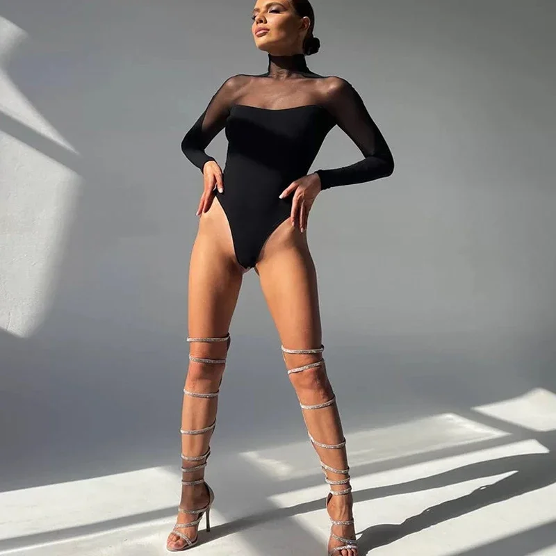

Sexy Long Sleeve Mesh Splice Bodysuit Women Turtleneck See Through Tops 2023 New Black Jumpsuit Women Bodycon Romper Women 27231