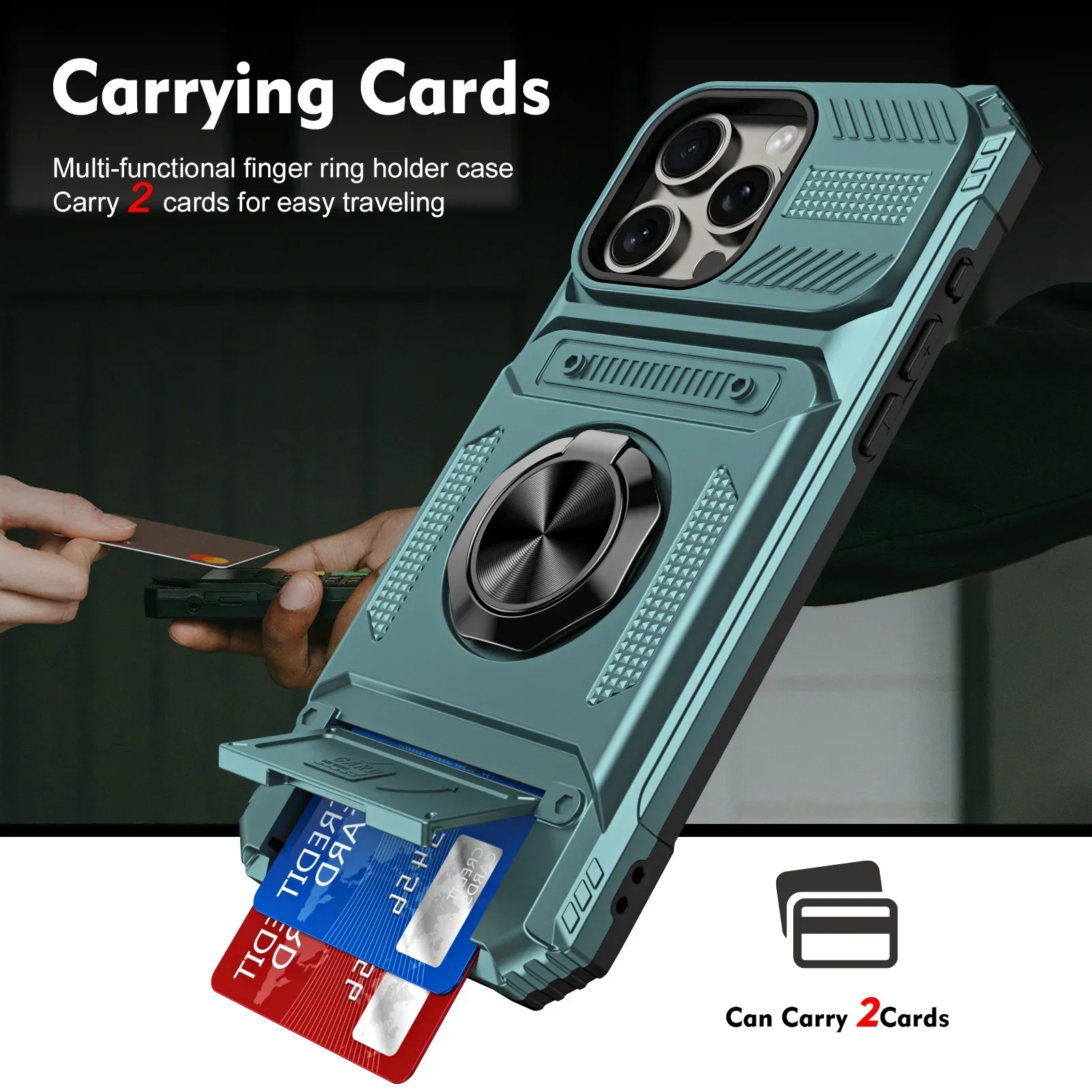 Rugged Shockproof Wallet Case with 360° Ring Stand Holder
