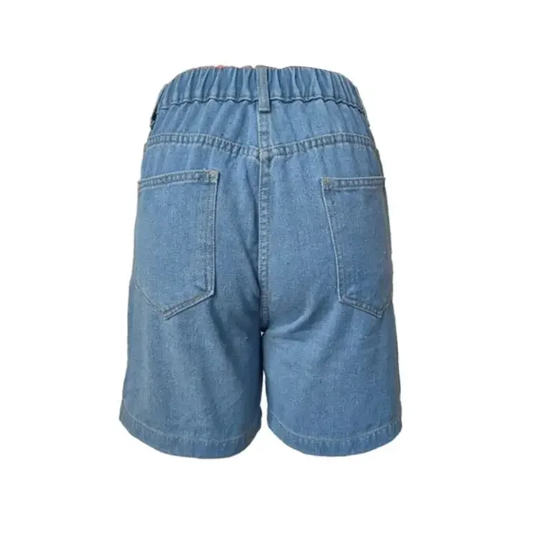 Women Elastic Waist Button Splicing Straight Denim Shorts Workwear Style Multiple Pockets Three Quarter Pants Female Mini Jeans