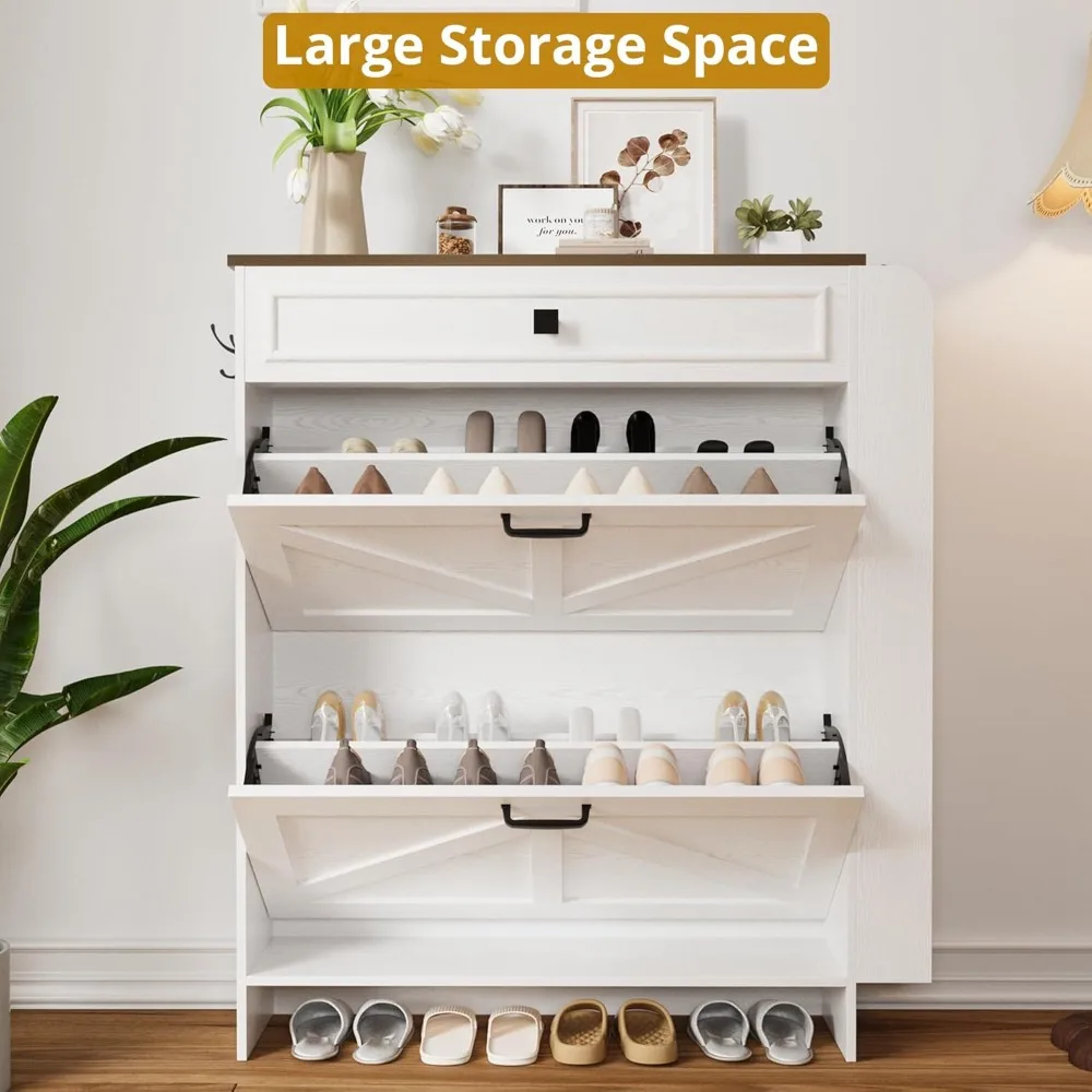 shoe storage cabinet with 2 flip drawers & barn door design, freestanding shoe cabinet organizer with drawer and shelves for en