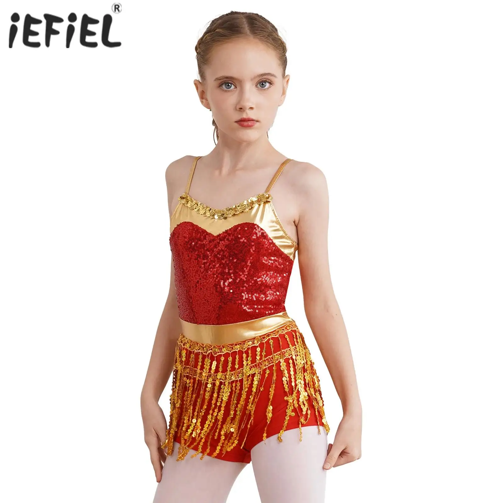 

Kids Girls Latin Samba Jazz Dance Performance Costume Shiny Sequin Metallic Dance Bodysuit Sequin Cha-cha Fringe Boyleg Jumpsuit