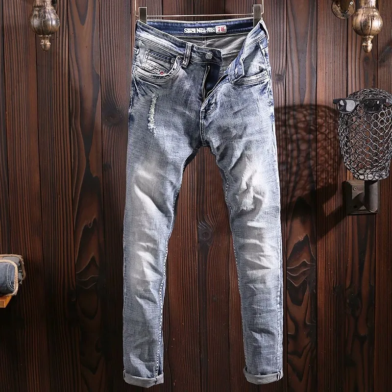 Italian Style Fashion Men Jeans Retro Blue Elastic Slim Fit Ripped Jeans Men Vintage Trousers Casual Designer Denim Pants Hombre