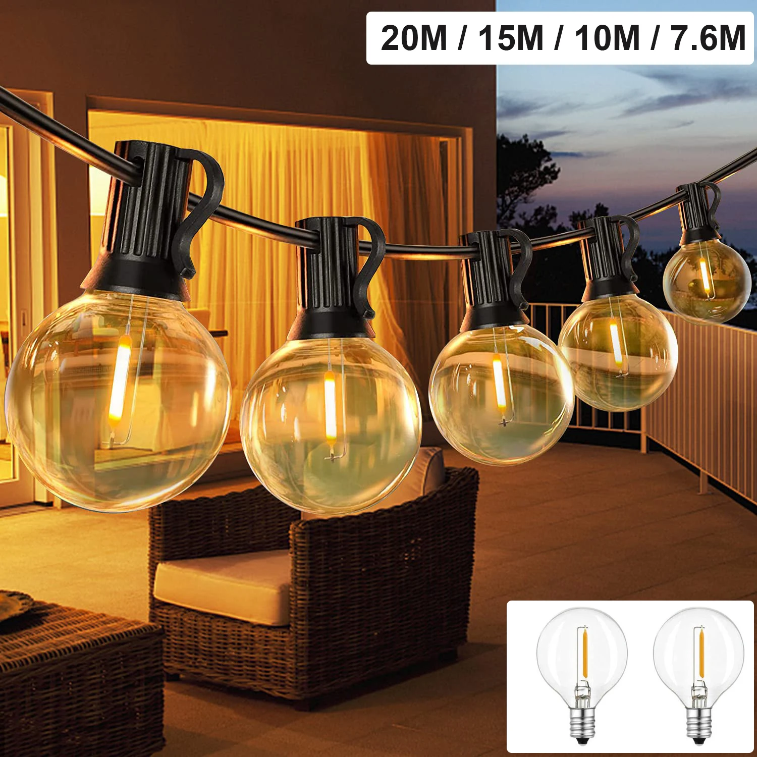 20m 50bulbs Waterproof G40 String Light Glass E12 1W Bulbs Outdoor Garland EU US Plug Connectable Christmas Garden Decoration