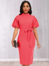  Summer Dress Women Classy Mock Collar Short Lantern Sleeve Sashes Slim Fit Midi Dress Fashion Office Party Date Night Clothes 