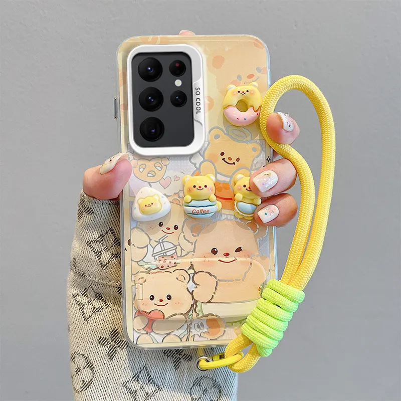 3D Cartoon Bear Phone Case with Hand Strap and Mirror Stand Cover