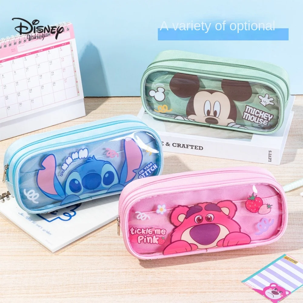 MINISO Disney Stitch Pen Bag Double Transparent Stationery Box Cartoon Large Capacity Pencil Storage Bag Student gift pencil cases