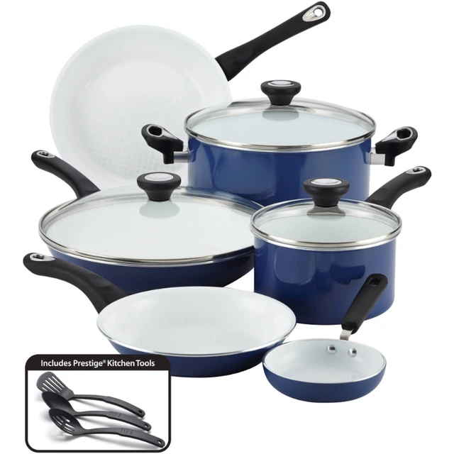 Farberware 12-Piece PURECOOK Ceramic Nonstick Pots and Pans Set/Cookware Set,  Blue kitchen cookware set